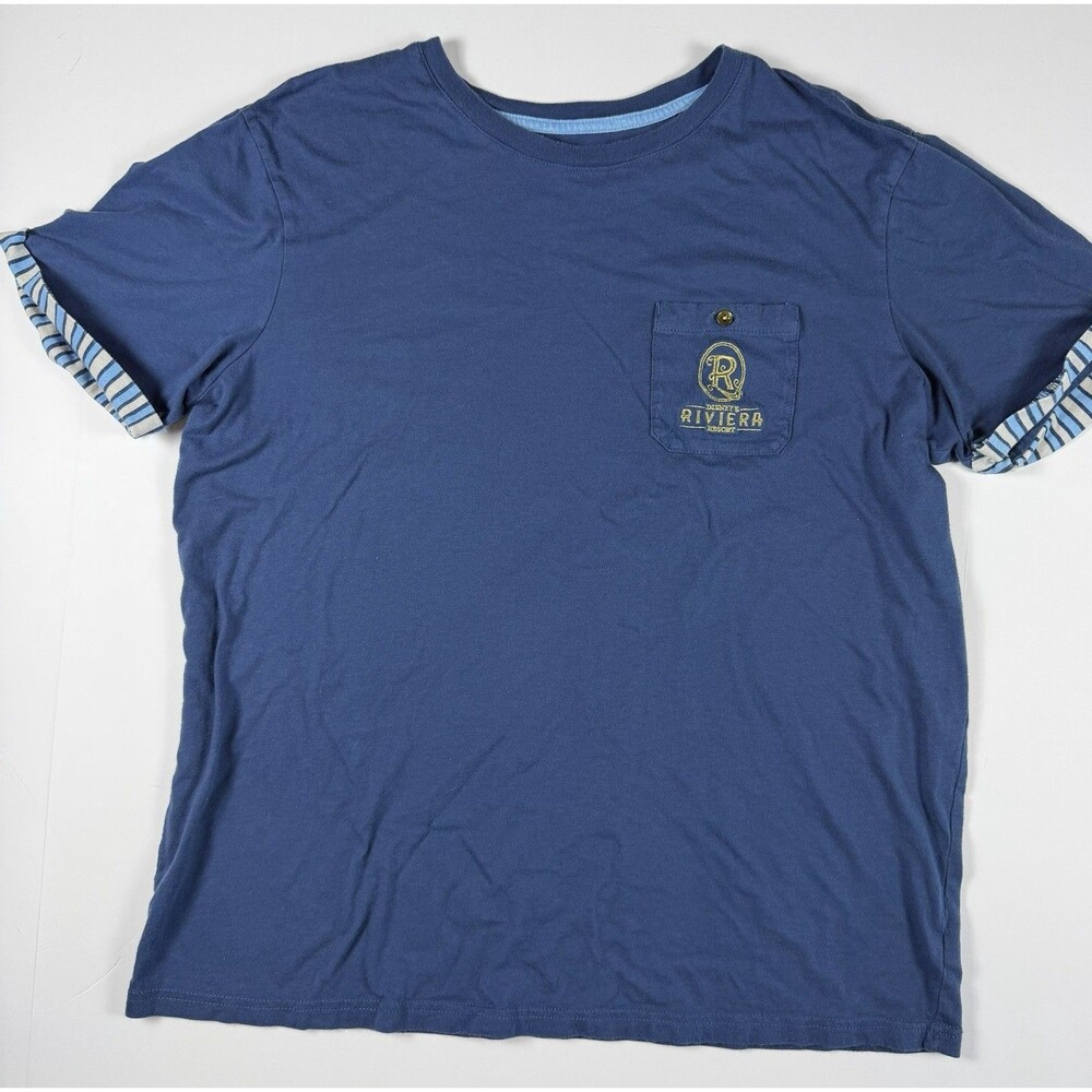 Disney Parks Riviera Resort Pocket Tee Shirt Mens L Blue Embroidered Striped